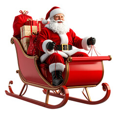 Santa Claus Sitting on a Sleigh with Gift Bags &ndash; Realistic 3D Render on White Background PNG