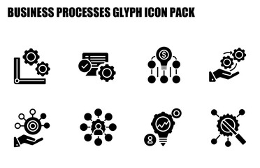 Business process glyph icon pack with various business process elements. Set of simple, black and white icons with no people displayed on a white background.