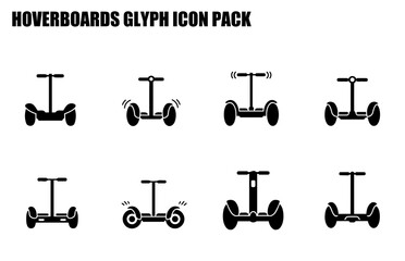 Hoverboard glyph icon pack showing various views of the device. Multiple views of hoverboards in a flat design style with a white background.