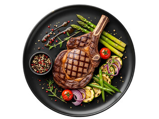 Juicy Grilled Tomahawk Ribeye Steak with Vegetables on Black Plate – Isolated on Transparent Background