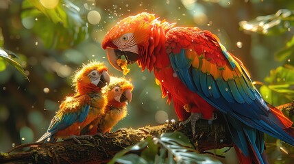 Macaw parrot with its young ones