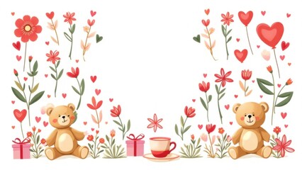 Naklejka premium Two teddy bears sitting amidst red flowers, hearts, and gifts; Valentine's Day illustration