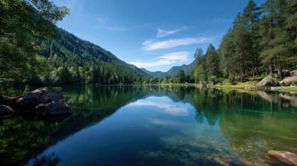 Fototapeta premium Mountain lake surrounded by trees, glassy water reflecting sky