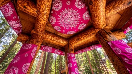 Wooden posts and beams adorned with traditional fabric hangings, decorated with elaborate patterns and vibrant festival colors