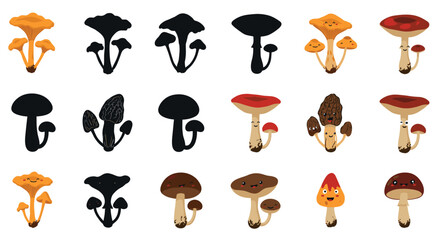 Colorful cartoon mushrooms with happy faces and unique shapes vector illustration