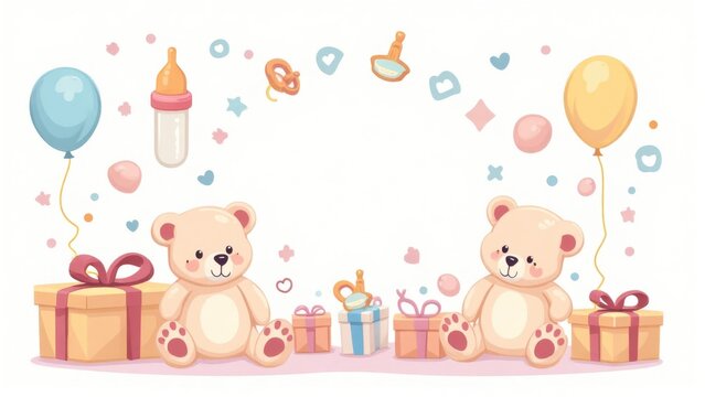 Two adorable teddy bears celebrate a baby shower with gifts and balloons - Powered by Adobe