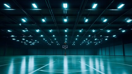 Basketball court, Basketball hoop, Indoor basketball, Empty Basketball Court at Night with Teal Lighting