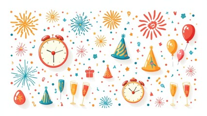 New Year's Eve celebration flat lay: clocks, party hats, champagne flutes, and fireworks