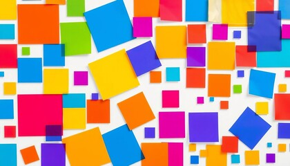 Vibrant geometric shapes and squares in a colorful mosaic on white, vibrant, art