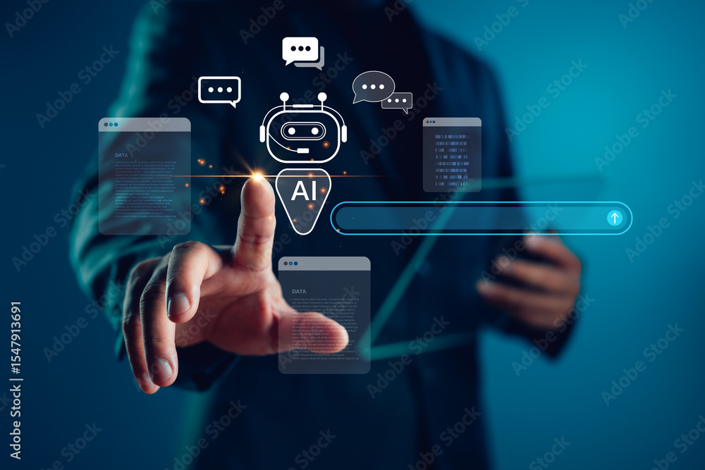 Poster artificial intelligence communication concept with chatbot and data interface, perfect for illustrat