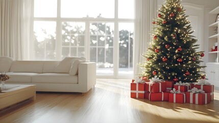 Christmas, Christmas tree, Presents, Cozy Christmas Living Room with Presents Under the Tree