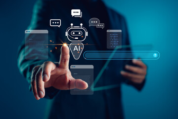 Artificial Intelligence communication concept with chatbot and data interface, perfect for...