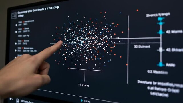 Hand points at data visualization on computer screen business data analysis