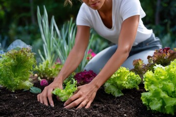 Fototapeta premium Organic vegetables in garden bed, hands planting, clean earth connection