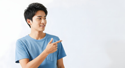 Obraz premium Casual young man in t-shirt, pointing right, isolated on white, natural studio lighting