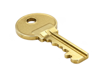 Isolated golden metal house key for security and access concept on transparent background