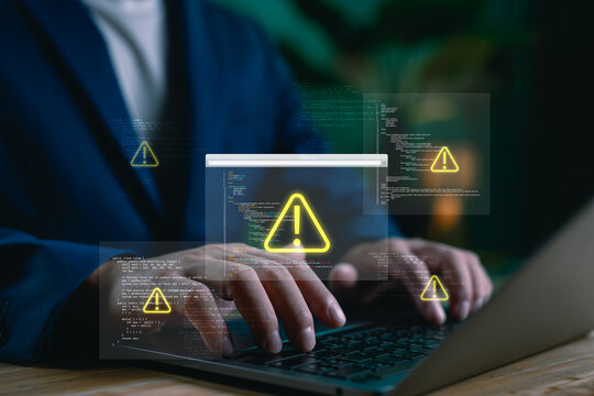 Cybersecurity alert concept showing a programmer detecting system errors and coding issues. Ideal for illustrating cyber threats, data security, software debugging processes.
