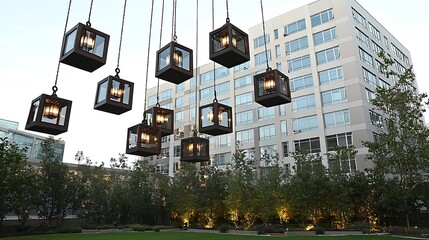 Traditional lanterns glowing softly beneath a deepening twilight sky suspended between closely spaced buildings
