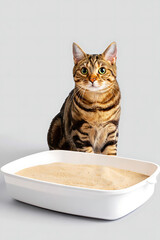 Curious Bengal Cat Beside a Clean Litter Box: Pet Care and Hygiene
