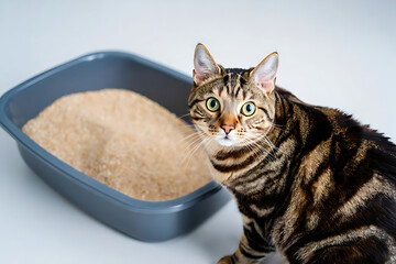 Curious Bengal Cat Beside a Clean Litter Box: Pet Care and Hygiene