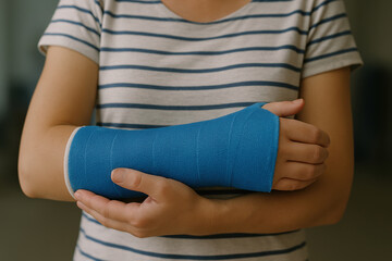 A woman is holding her arm in a sling, with a blue cast on it. The cast is wrapped around her arm and wrist, and she is wearing a striped shirt. Concept of injury and discomfort