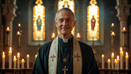 Naklejka premium Smiling priest or religious leader in a church, radiating warmth and spirituality amidst soft candlelight and stained-glass windows