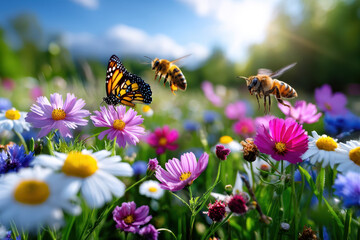 Bees and butterflies interact with blooming flowers in a sunny meadow during springtime