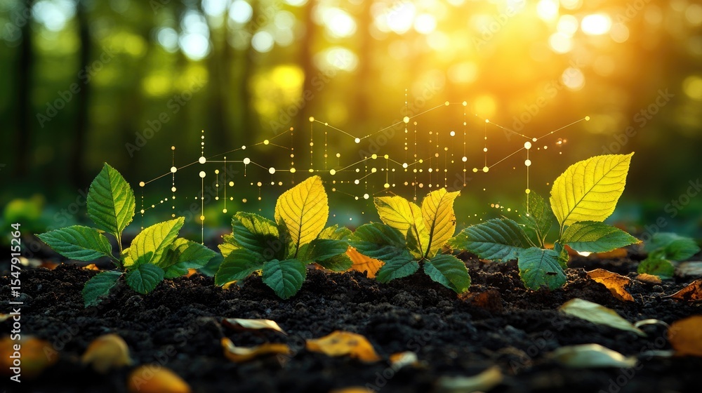 Poster data visualization in nature style, blending graph elements with leaves, earth textures, and soft li