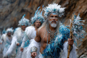 Traditional ceremony featuring men in feathered costumes at a mountainous location