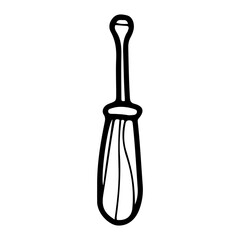 Screwdriver with wooden handle. Hand drawn doodle vector. Handyman tool. Equipment for unscrewing screws. Work in workshop. Illustration line art element.