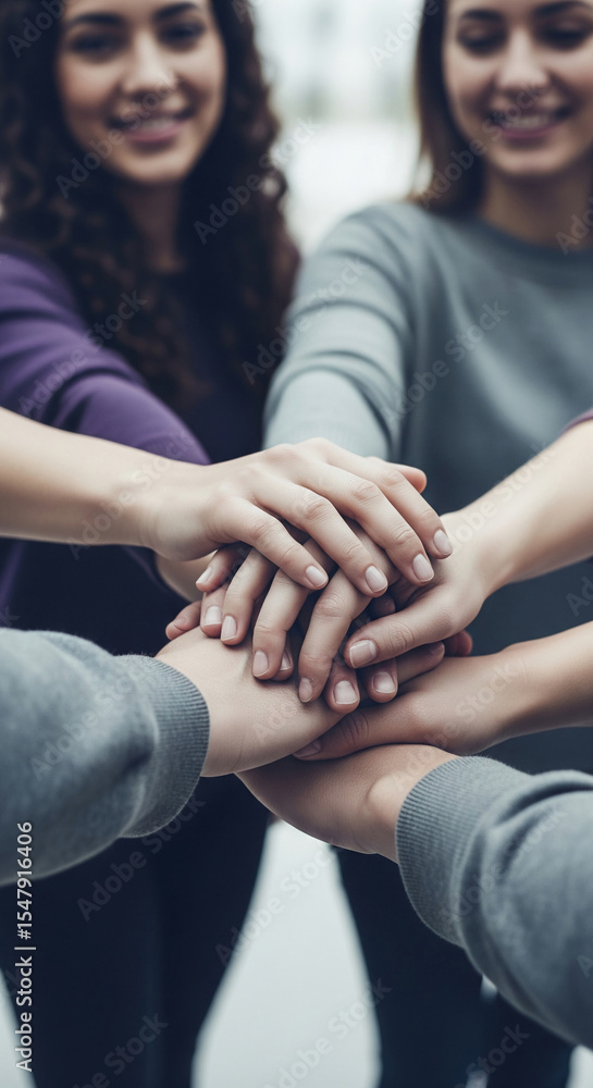 Poster close-up of multiple hands stacked together, showcasing unity and collaboration, symbolizing teamwor