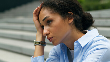 Tired troubled stressed African American businesswoman business woman girl female worker employer...