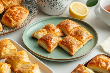 Golden Puff Pastry Squares: Delicate golden puff pastry squares, arranged on a teal plate, alongside other pastries and a cup of tea. A lemon adds a vibrant touch to this delightful teatime scene.
