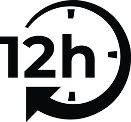 12 hour circular timer icon with arrow and clock ticks on white background