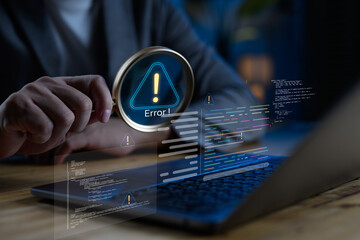 Programmer debugging error code with magnifying glass and warning symbol, ideal for illustrating...