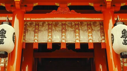 Red shrine gate draped with elegant festival drapes and adorned with glowing lanterns during a traditional celebration