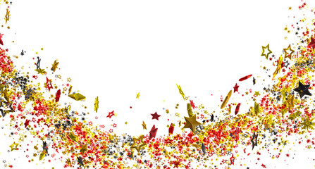 Festive background with red, gold, black stars confetti. Perfect for holidays, celebrations, and party invitations.