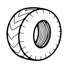 Car tire wheel. Hand drawn doodle vector. Auto service. Round rubber part of the chassis of the vehicle for grip on the road. Garage repair. Illustration line art element.