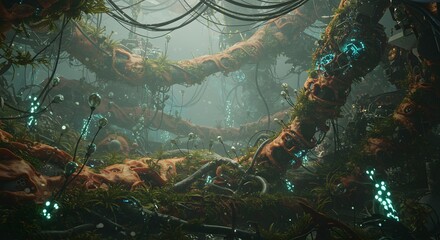 blending of nature and cyber-inspired elements like metallic details, prosthetic-like designs, and futuristic element