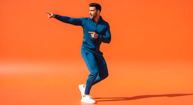 Athletic man wearing sportswear, pointing left as if showing an offer, isolated on a dynamic orange background, natural light - Powered by Adobe