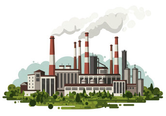 Obraz premium Illustration of factory with chimneys emitting smoke pollution on transparent background