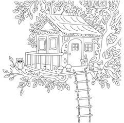 Fototapeta premium Treehouse Coloring Page Owl Mushrooms Ladder Leaves
