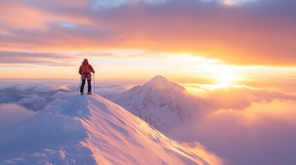A breathtaking view from a snowy mountain peak as a lone hiker admires the sunset over the clouds.