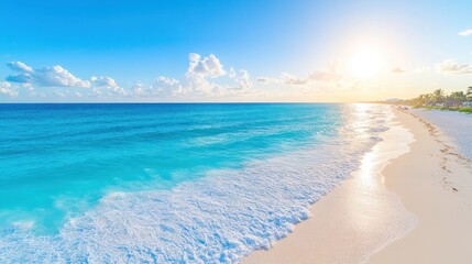 Fototapeta premium A breathtaking view of a tranquil beach at sunset, where the ocean meets the sky, creating a serene ambiance for relaxation.