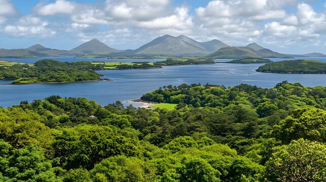 Kenmare bay, Caha mountains, Ireland, Panoramic View of Kenmare Bay and the Caha Mountains, Ireland