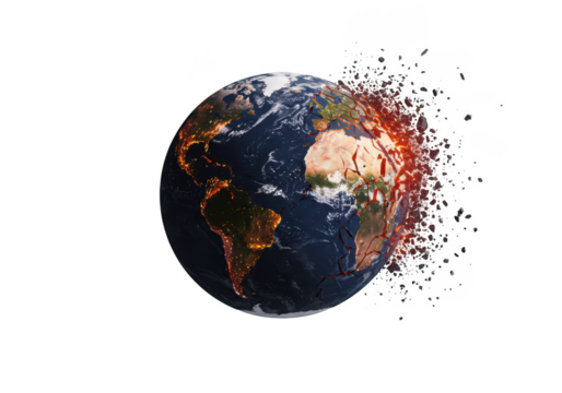 Global destruction concept earth collapsing world devastation end on transparent background