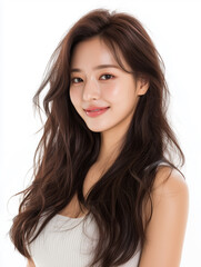 Portrait of a beautiful Asian woman with long hair, fair skin and a happy smile posing for a photo in front of a white background. She smiles gracefully for beauty salon, 