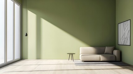 Modern, Living room, Interior, Modern Living Room Interior Design with Olive Green Walls and Beige Sofa