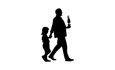 A silhouette of a father and daughter walking together, holding hands.