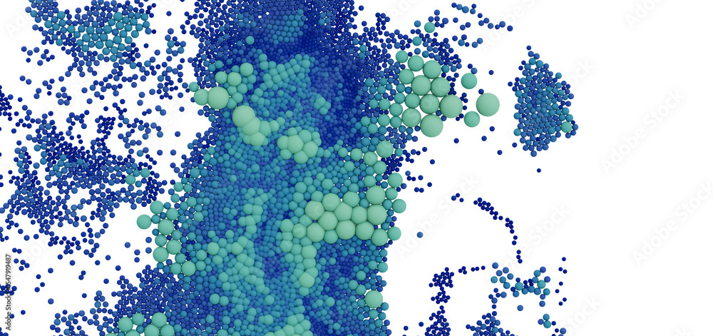 Poster a vibrant abstract background featuring clusters of blue and green spheres. ideal for technology, sc